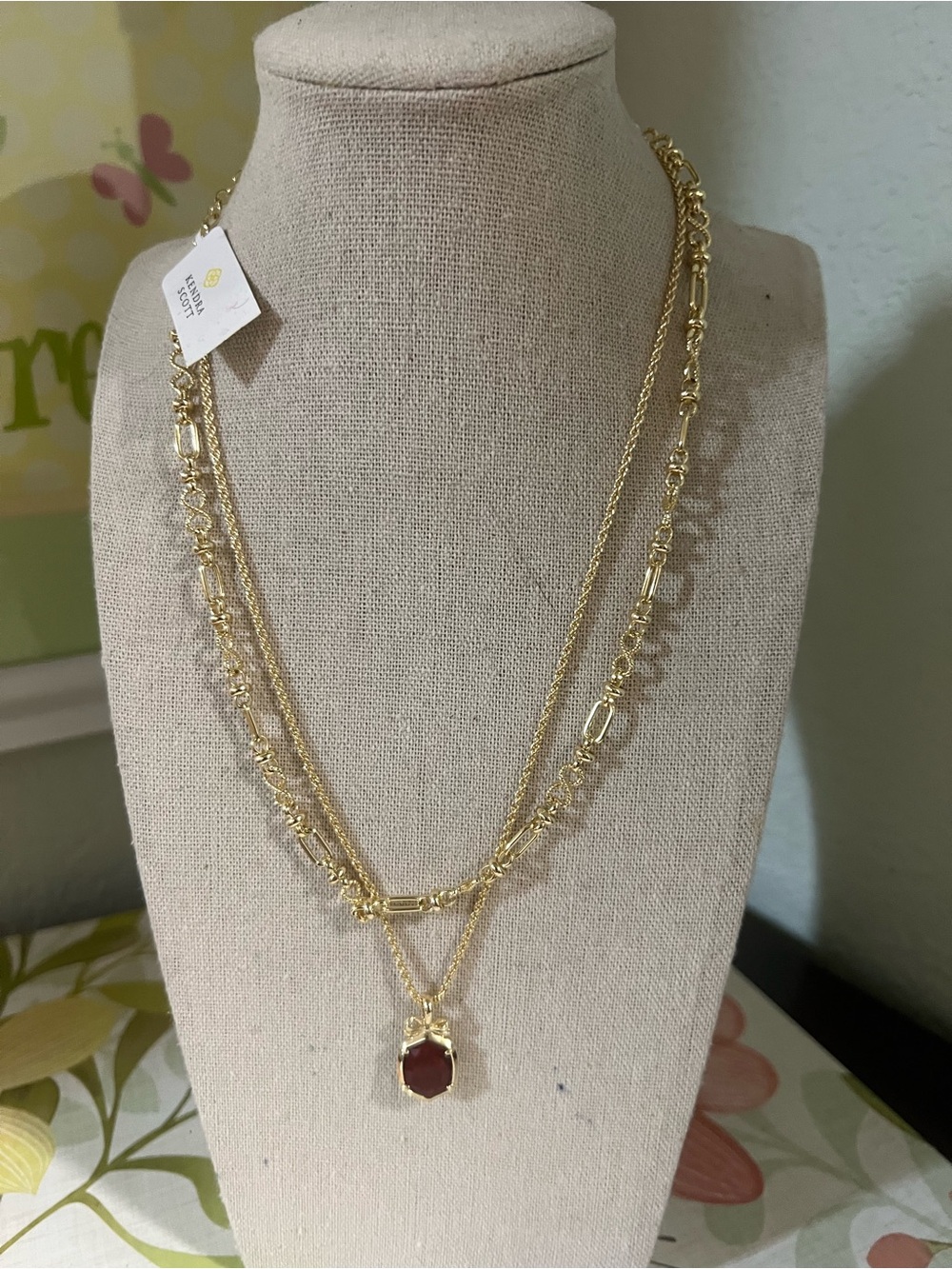 NWT Kendra Scott Daphine Gold Bow Multi-Layer Necklace with Red Pendant #KSNK